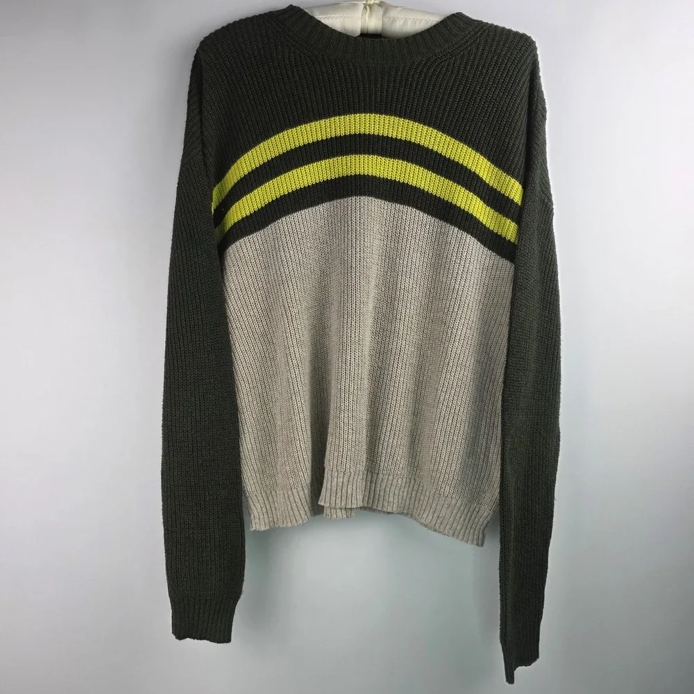 American‎ Eagle Sweater Men's M Green Gray Yellow Stripe Crew Neck Knit Pullover